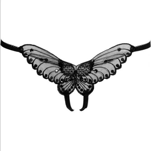 LEG AVENUE Black Butterfly Crotchless pantie With Pearl Sequin Detail - one size - Picture 2 of 2